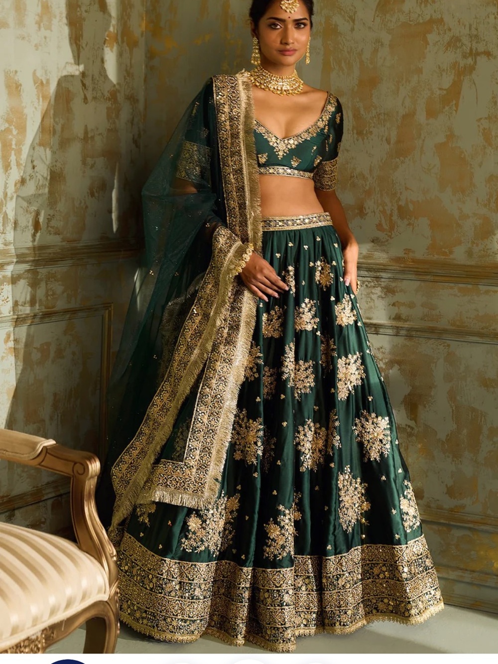 Lashkara Velvet Emerald Green Gold-Embroidered Lehenga Set NWT